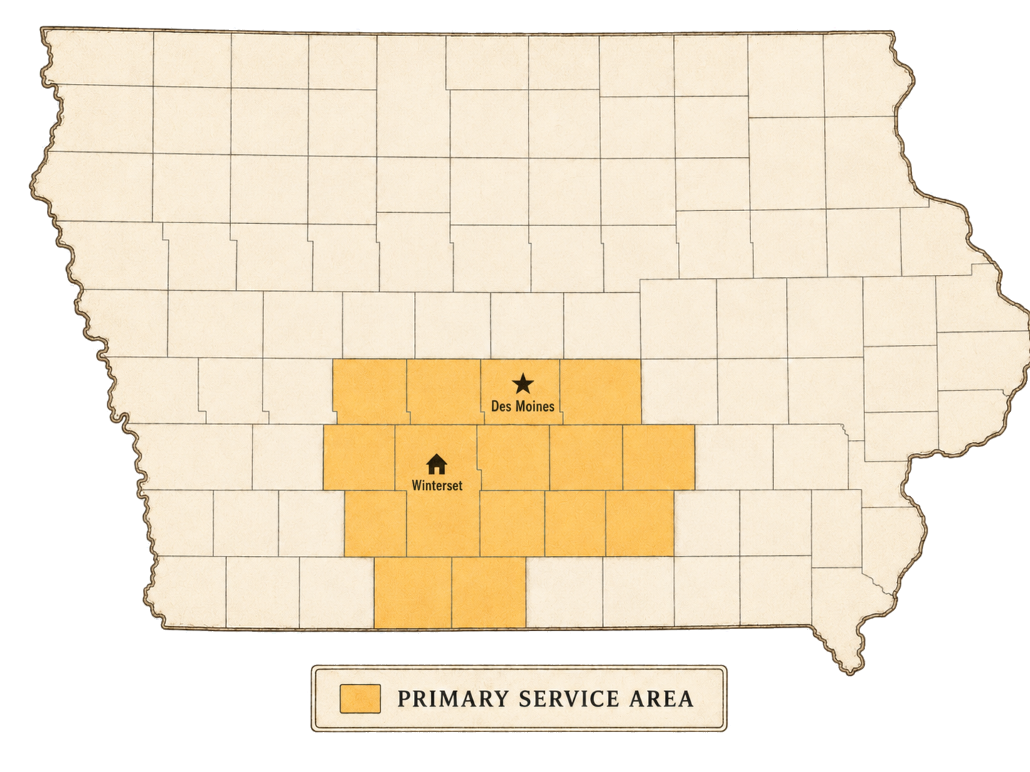 Iowa county map showing Toppin Construction service area — Guthrie, Dallas, Polk, Jasper, Adair, Madison, Warren, Marion, Mahaska, Union, Clarke, Lucas, Monroe, Ringgold, and Decatur counties highlighted