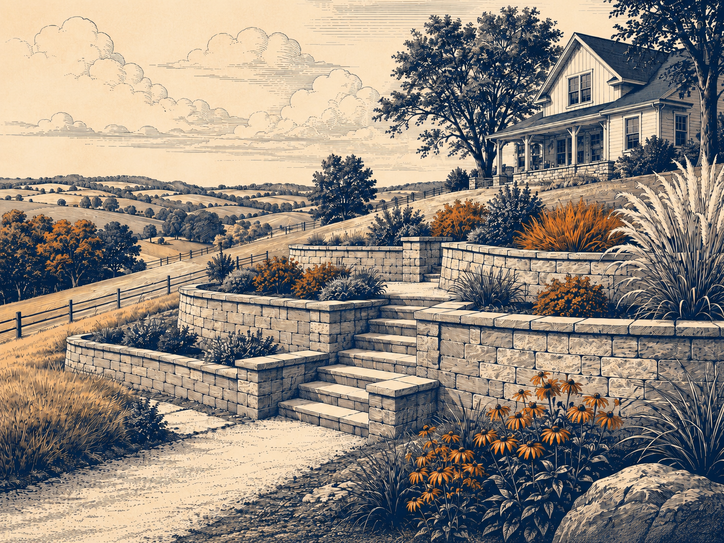 Segmental block retaining wall with landscaping